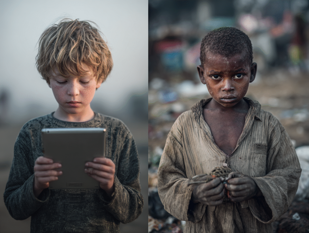 A child using a tablet alongside another child without access to technology, symbolizing the global digital divide in AI and education.