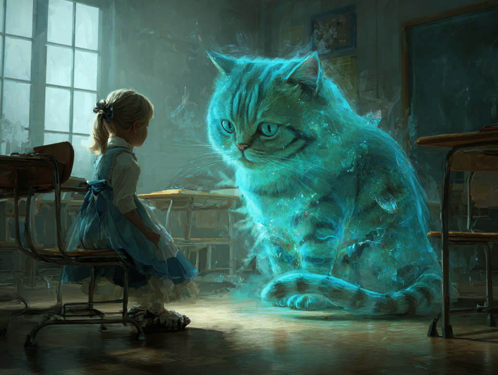 A child in a classroom facing a glowing holographic Cheshire Cat, symbolizing the hidden risks and biases of AI in education.