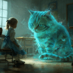 A child in a classroom facing a glowing holographic Cheshire Cat, symbolizing the hidden risks and biases of AI in education.