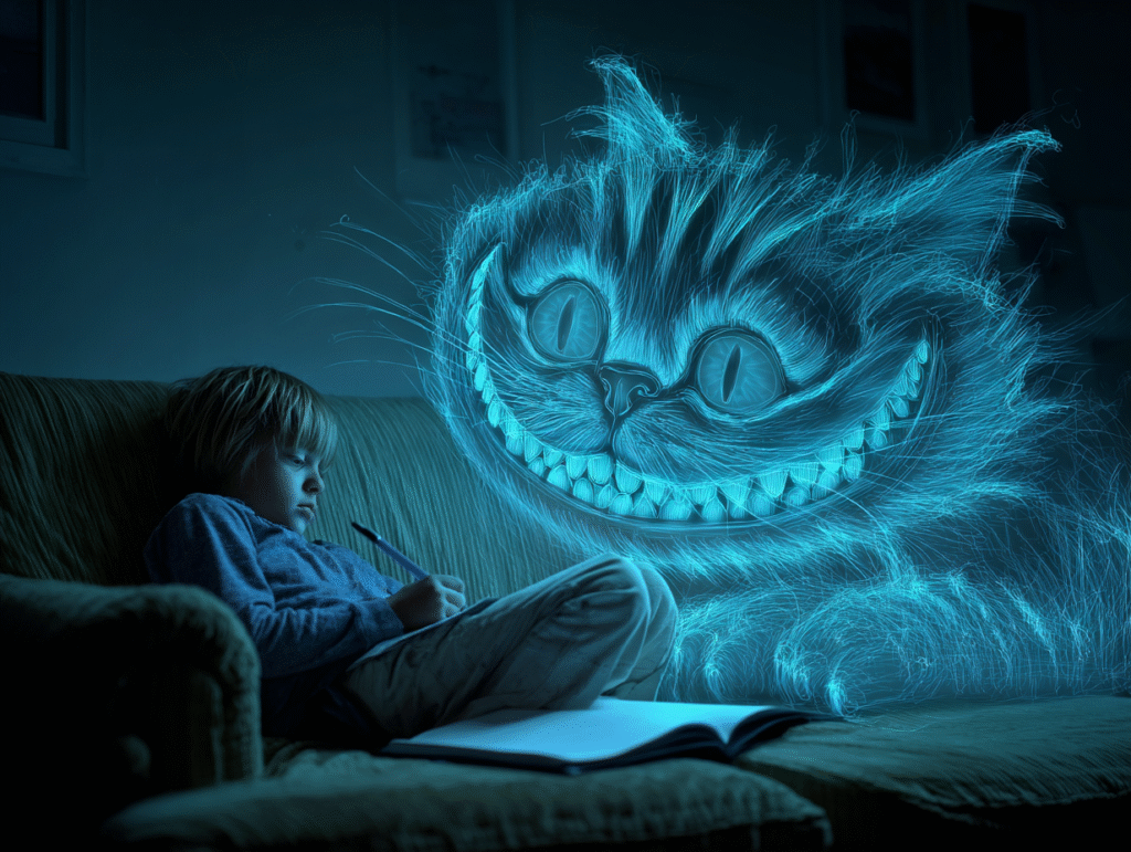 A child studying with a glowing holographic Cheshire Cat beside them, symbolizing the hidden risks, bias, and manipulation of AI in education
