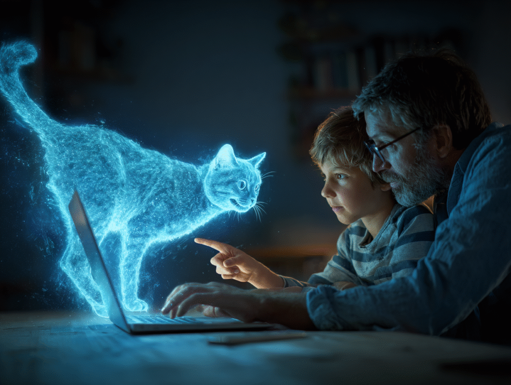 A parent and child using a laptop together as a glowing holographic cat appears, symbolizing guidance and shared responsibility in navigating AI in education