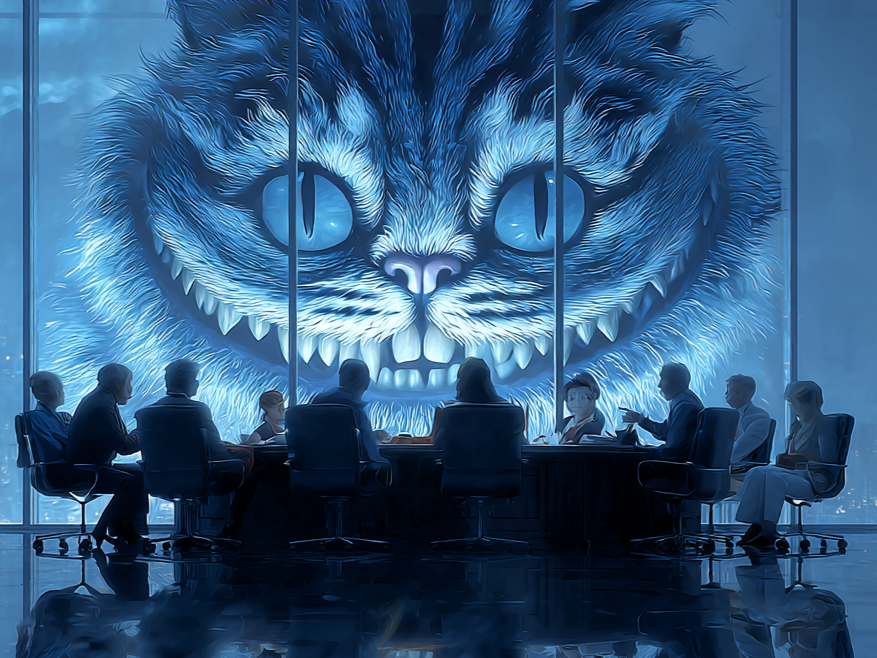 A holographic Cheshire Cat looming over a boardroom meeting, symbolizing the responsibility of companies and governments in shaping AI for education