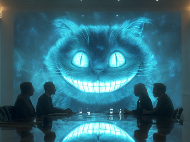 A holographic Cheshire Cat looming over a boardroom meeting, symbolizing the responsibility of policymakers and companies in shaping AI for children’s welfare