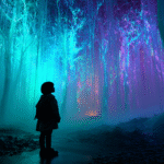 A child silhouetted at the edge of a glowing digital forest, symbolizing children entering the world of AI with both wonder and uncertainty.