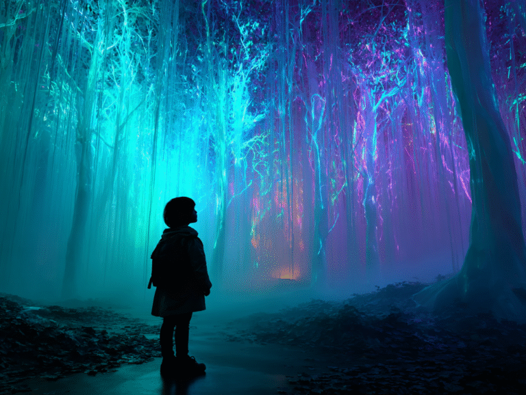 A child silhouetted at the edge of a glowing digital forest, symbolizing children entering the world of AI with both wonder and uncertainty.