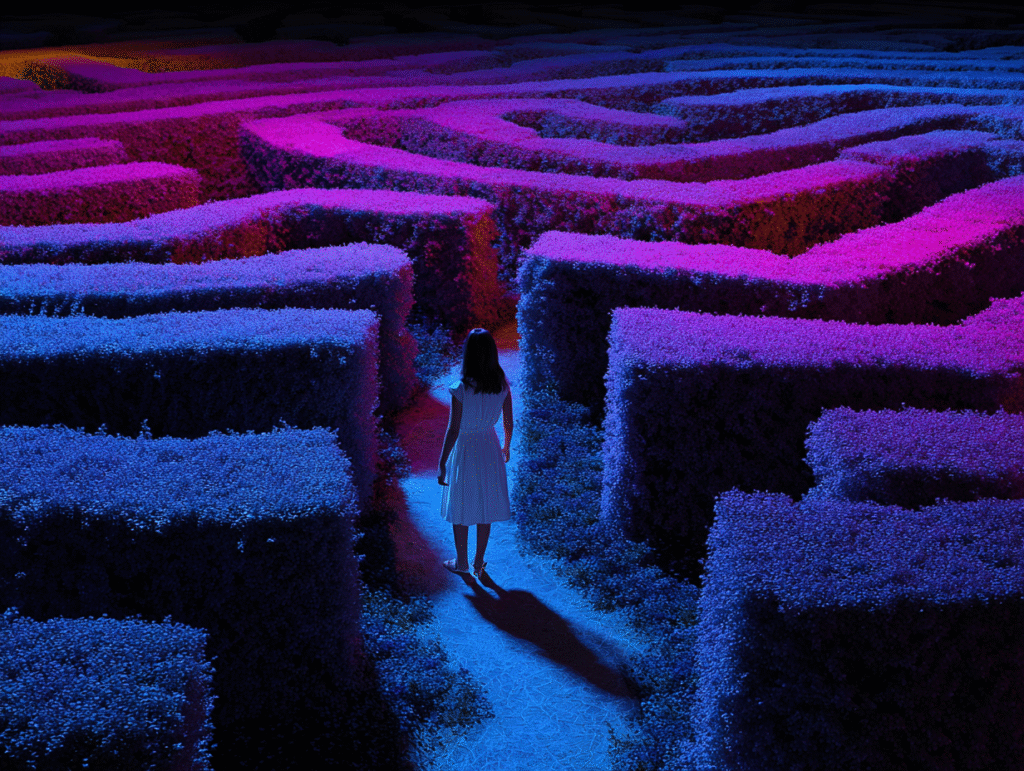 A girl in a white dress stands at the entrance of a glowing digital maze in blue and purple light, symbolizing children exploring the world of AI and ethics