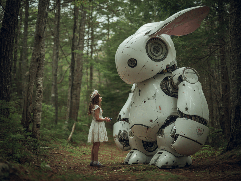 A young girl in a white dress stands in a forest facing a giant white robotic bunny, symbolizing the meeting of children, AI, and ethics in Alice in AI Land