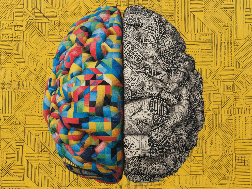Illustration of a brain divided into two halves — one colorful and creative, the other mechanical and patterned — symbolizing the cognitive divide between human creativity and AI automation