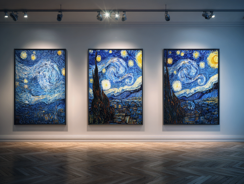 Three identical Starry Night paintings displayed in a gallery, symbolizing the risk of AI creativity producing repetitive and homogenized results