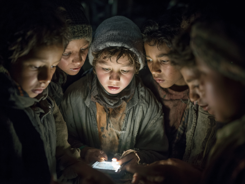 Group of children gathered around a glowing mobile device in the dark, symbolizing global inequality in access to AI education and digital technology opportunities