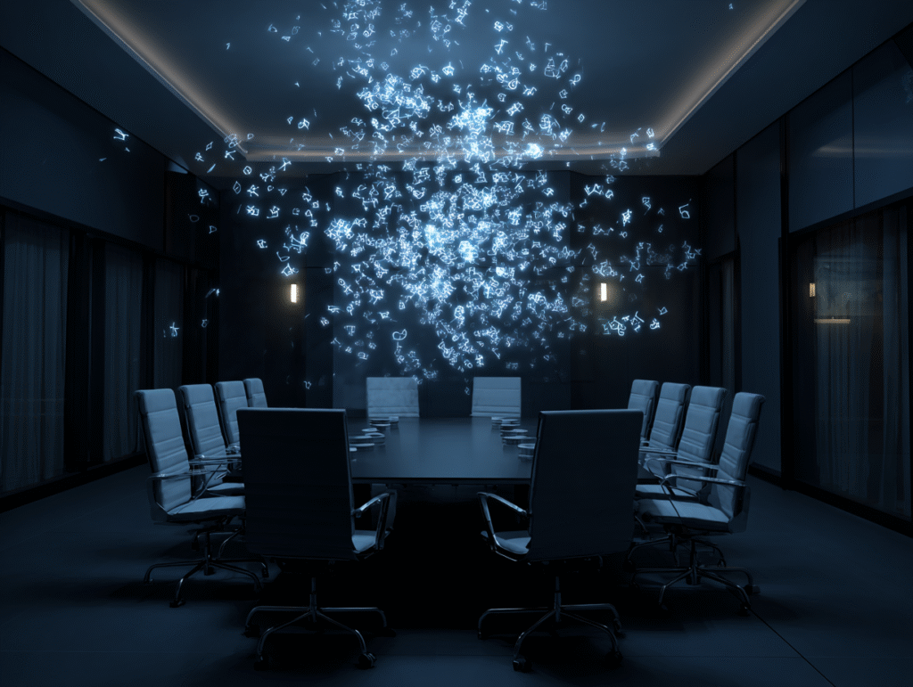 A dimly lit boardroom with floating holographic code above the table, symbolizing corporate responsibility and ethical decision-making in artificial intelligence governance