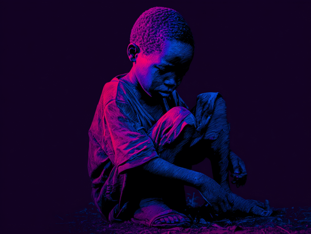A neon-style digital illustration of a child sitting on the ground, symbolizing global inequality and the digital divide in the age of AI