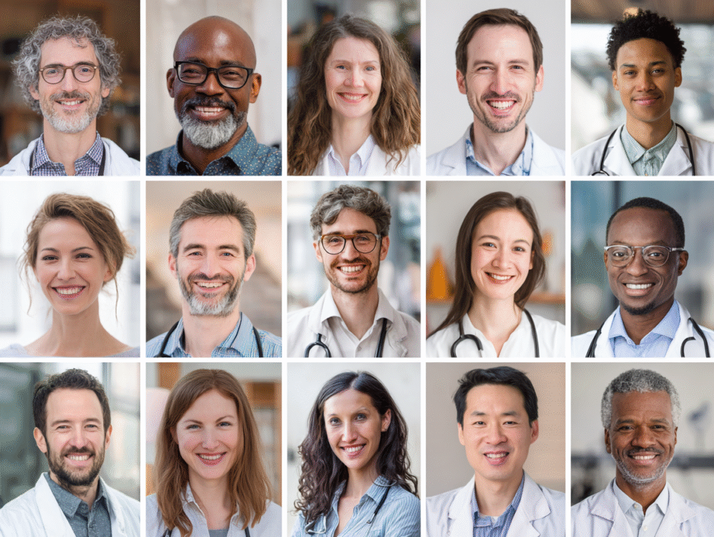 Collage of AI-generated portraits illustrating algorithmic bias and diversity in artificial intelligence, showing how representation varies across gender and ethnicity in data-driven systems