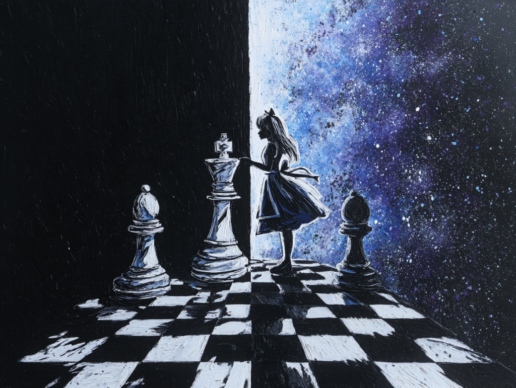 Alice in Wonderland standing on one side of a glowing chessboard, symbolizing global inequality in children’s access to AI creativity tools