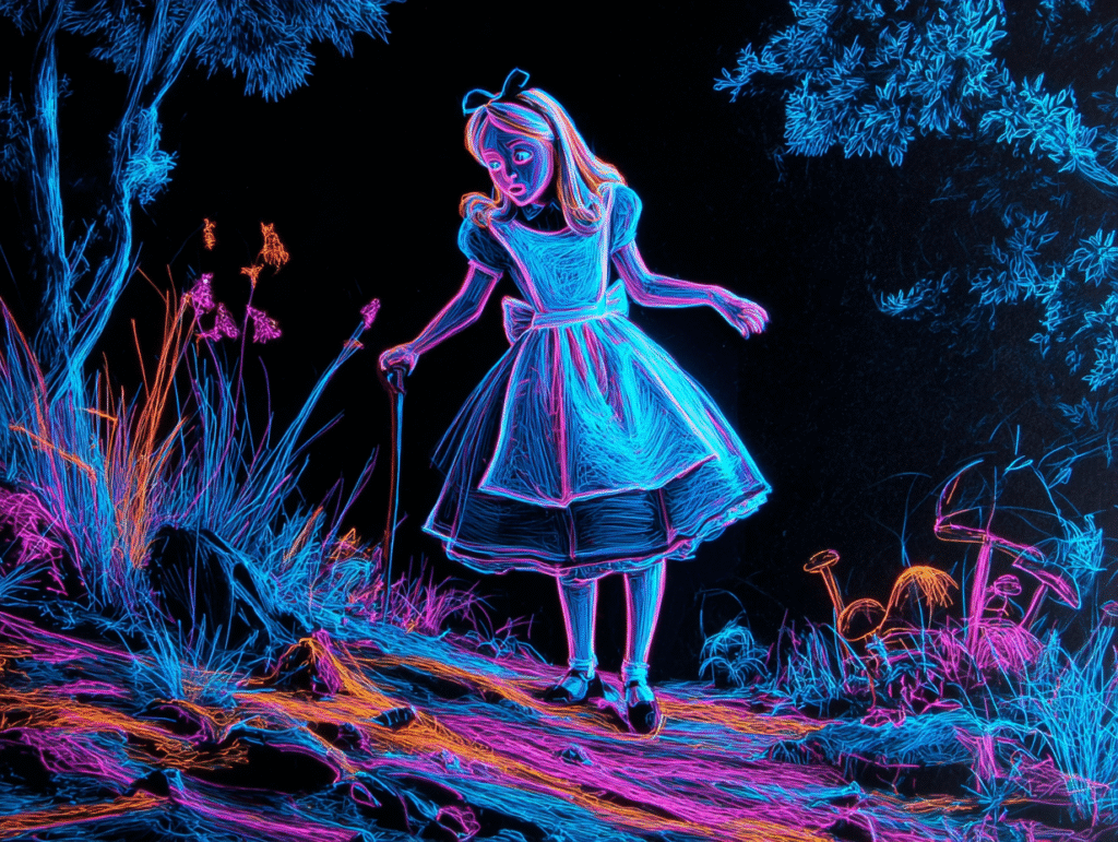 Neon-style illustration of Alice from Alice in Wonderland walking along a glowing digital path, symbolizing curiosity, exploration, and the ethical journey of AI in Alice in AI Land