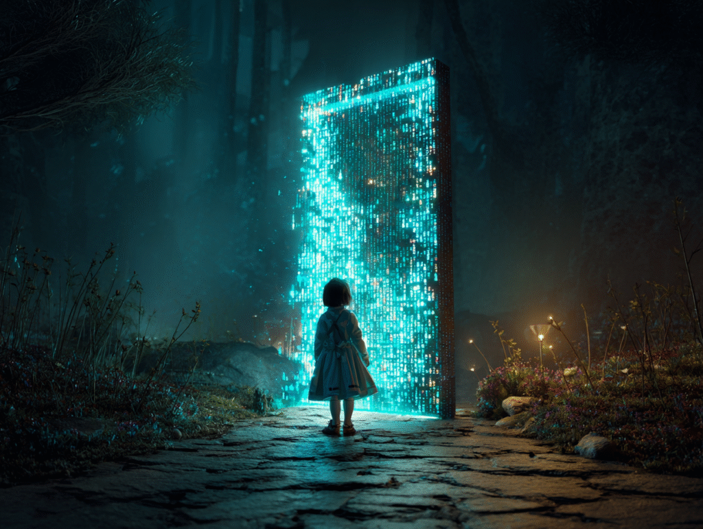 A young child stands before a glowing digital doorway in a forest, symbolizing curiosity, AI’s promise and risks, and the beginning of the journey in Alice in AI Land.