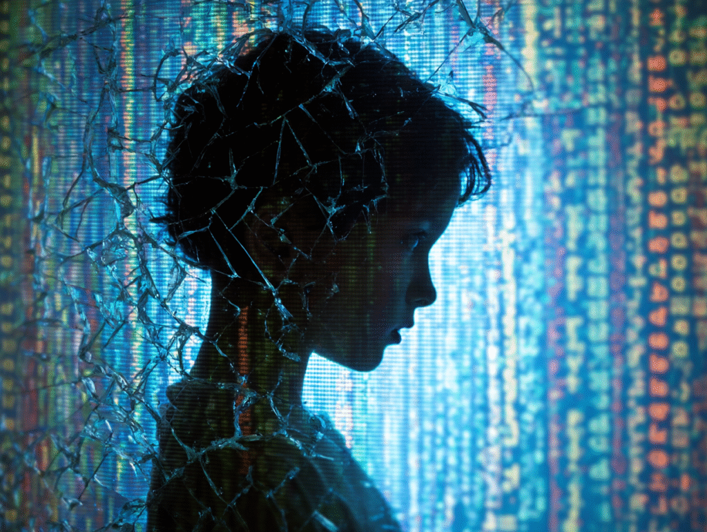 A child’s silhouette reflected in a cracked digital screen surrounded by code, symbolizing privacy loss, surveillance risks, and the darker side of AI in children’s safety.