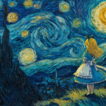 Alice in Wonderland character standing under Van Gogh’s Starry Night sky, symbolizing children’s creativity and imagination in the age of AI