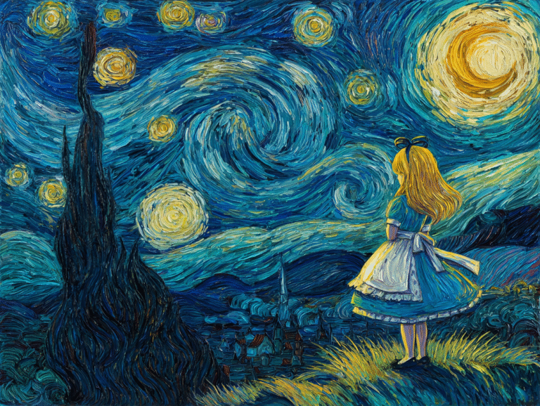 Alice in Wonderland character standing under Van Gogh’s Starry Night sky, symbolizing children’s creativity and imagination in the age of AI