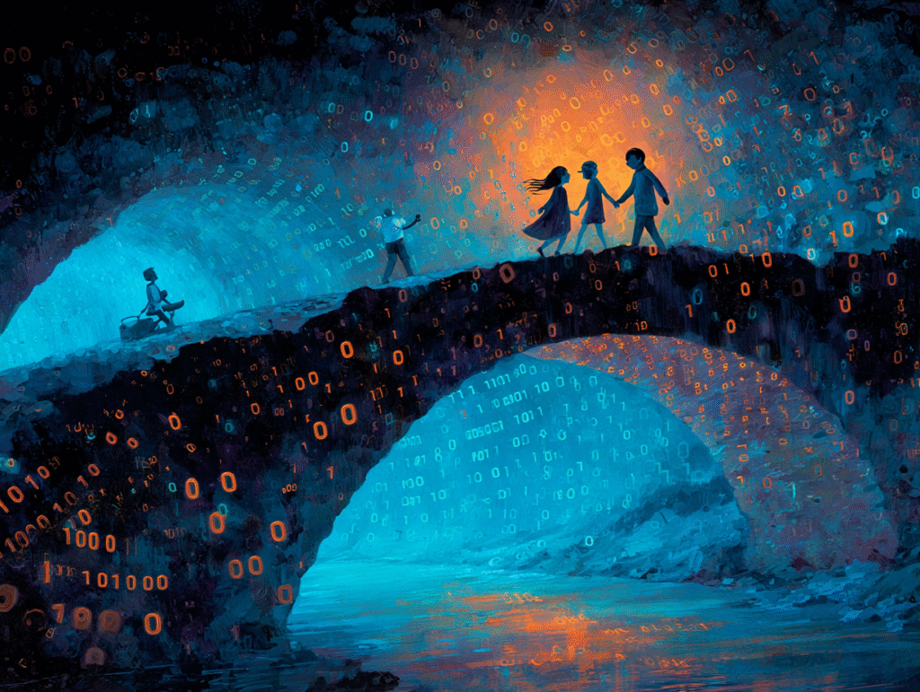 Digital painting of children crossing a glowing bridge made of binary code, symbolizing efforts to bridge the global AI divide and promote digital inclusion and ethical technology