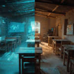 Split classroom symbolizing the digital divide in education — one half futuristic and glowing with AI technology, the other half rustic and analog, representing global inequality in access to artificial intelligence and learning resources.