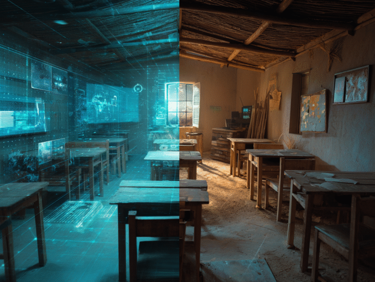 Split classroom symbolizing the digital divide in education — one half futuristic and glowing with AI technology, the other half rustic and analog, representing global inequality in access to artificial intelligence and learning resources.