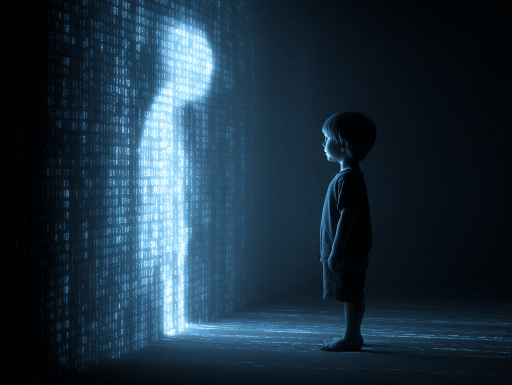 A young boy standing before a glowing digital silhouette made of binary code, symbolizing the AI-generated doppelgänger and the formation of childhood identity in the digital age