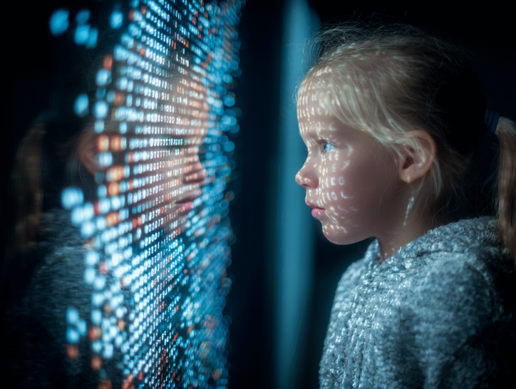 A young girl gazing at her digital reflection in a glowing mirror of binary code, symbolizing how AI shapes childhood identity and self-perception