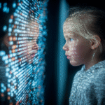 A young girl gazing at her digital reflection in a glowing mirror of binary code, symbolizing how AI shapes childhood identity and self-perception