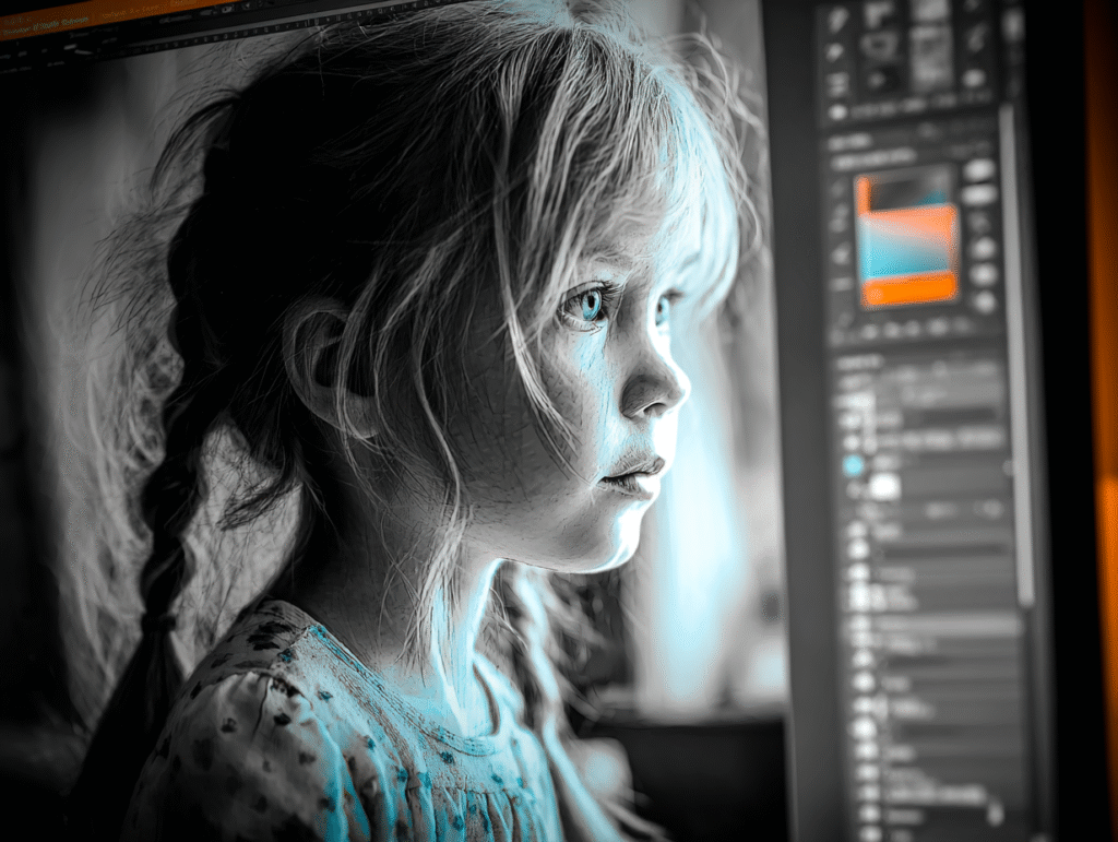 A young girl illuminated by a computer screen in a photo-editing interface, symbolizing how AI and digital creation tools influence children’s identity and self-perception