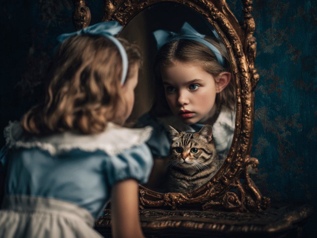 A young girl in a blue dress gazing into an ornate mirror with a cat beside her, symbolizing self-reflection, identity, and the mirror metaphor central to Alice in AI Land
