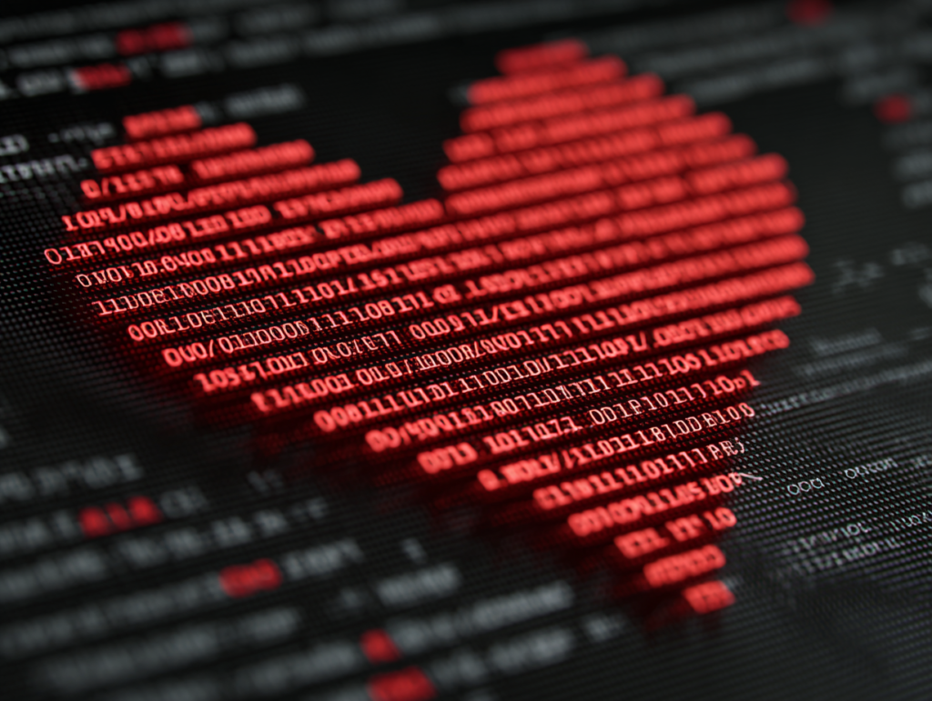 A red heart shape formed from computer code on a screen, symbolizing emotional regulation, human connection, and the psychological impact of AI technology