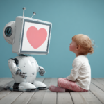 A child sitting face to face with a robot displaying a heart, symbolizing AI empathy and its influence on children’s emotional intelligence