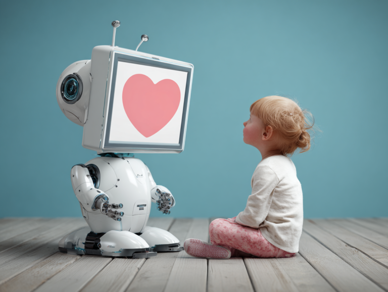 A child sitting face to face with a robot displaying a heart, symbolizing AI empathy and its influence on children’s emotional intelligence