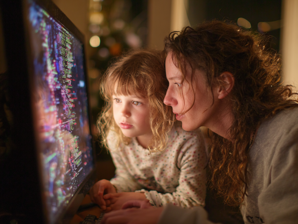 A parent and young child looking together at a computer screen, illustrating how AI and digital tools influence emotional regulation and learning in early childhood