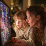 A parent and young child looking together at a computer screen, illustrating how AI and digital tools influence emotional regulation and learning in early childhood