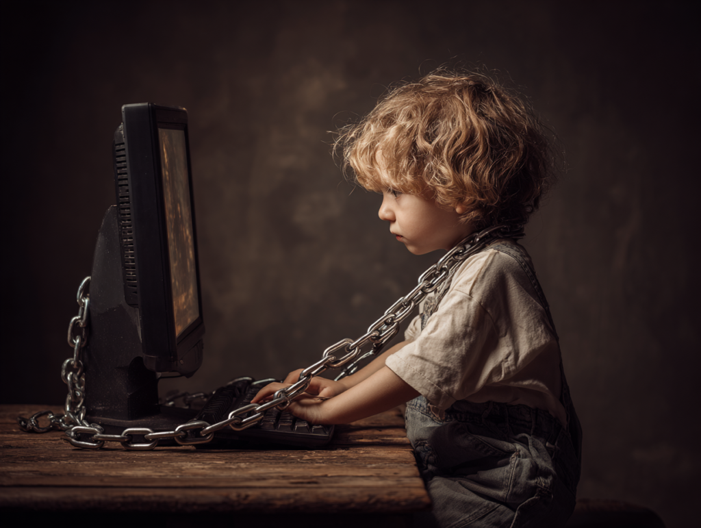 A child sitting in front of a computer screen symbolizing digital addiction, attention-driven technology, and the psychological impact of addictive tech on children
