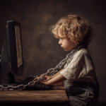 A child sitting in front of a computer screen symbolizing digital addiction, attention-driven technology, and the psychological impact of addictive tech on children