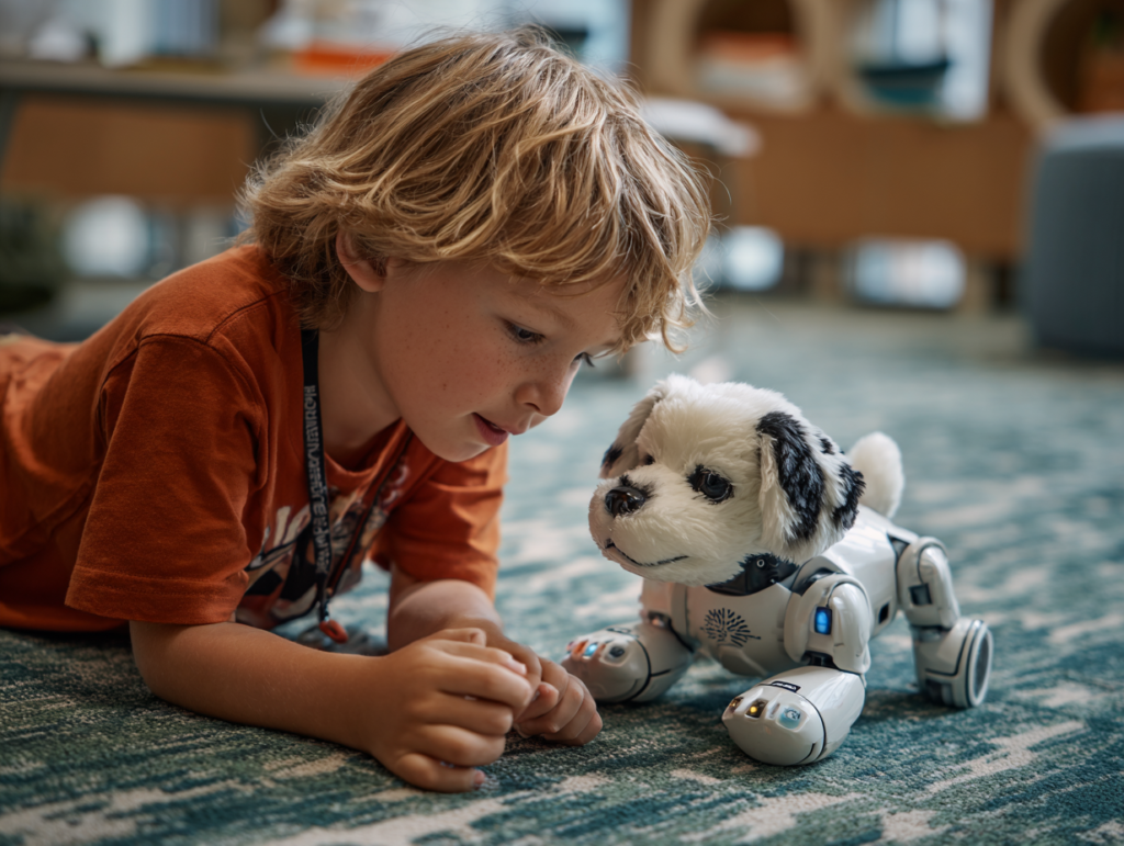 A child playing with an AI-powered robot toy, illustrating emotional interaction and early attachment in childhood development
