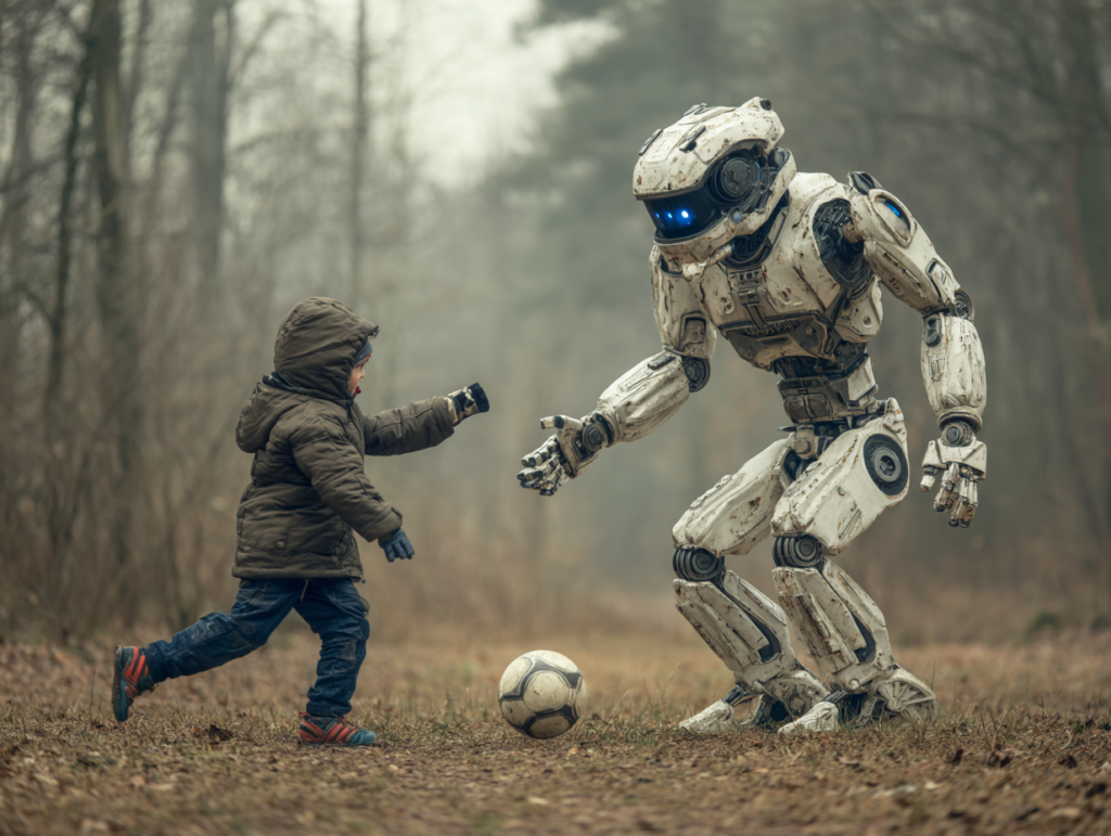 A child playing football with a humanoid robot, symbolizing AI as a companion in play, learning, and child development