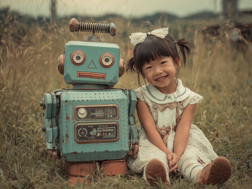 A child sitting beside a friendly robot outdoors, symbolizing artificial empathy and emotional connection in an AI-mediated childhood