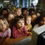 Children watching a computer screen in a classroom, illustrating how AI and digital systems enter childhood and shape attention, learning, and power dynamics