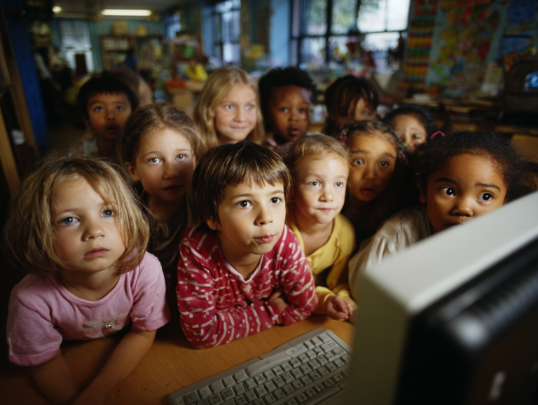 Children watching a computer screen in a classroom, illustrating how AI and digital systems enter childhood and shape attention, learning, and power dynamics