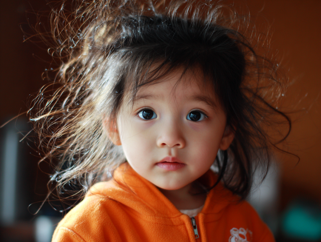 Young child looking directly at the camera, representing innocence, curiosity, and how early childhood identity forms in a world shaped by digital technology and AI