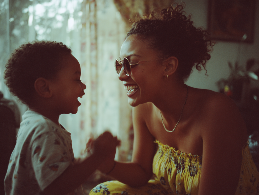 A parent and young child smiling and interacting together, representing emotional connection, bonding, and healthy early childhood development