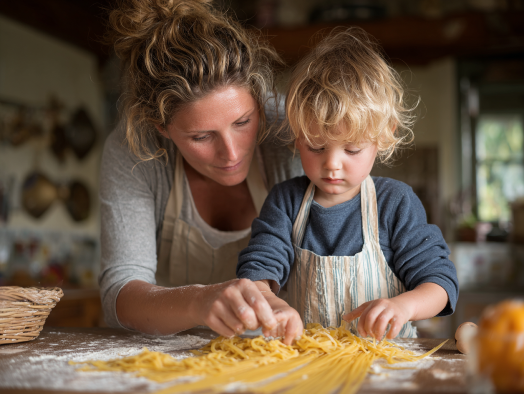 A parent and young child preparing food together, illustrating how children learn through shared activities, observation, and guided interaction