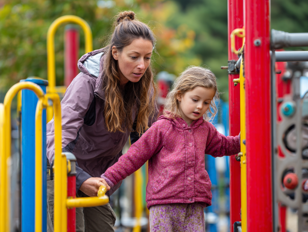 A parent guiding a young child on a playground, symbolizing guidance, support, and how adults shape boundaries and choices during early childhood development