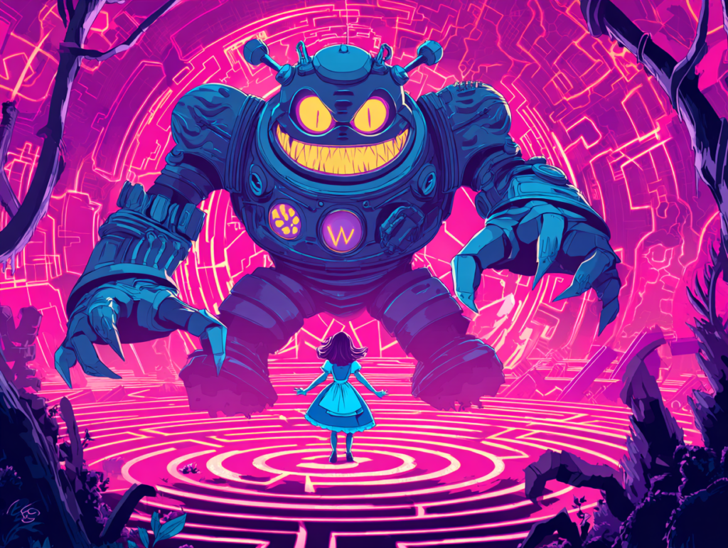 A child standing before a towering intelligent machine in a surreal digital environment, illustrating the Alice in AI Land perspective on power, authority, and growing up with AI