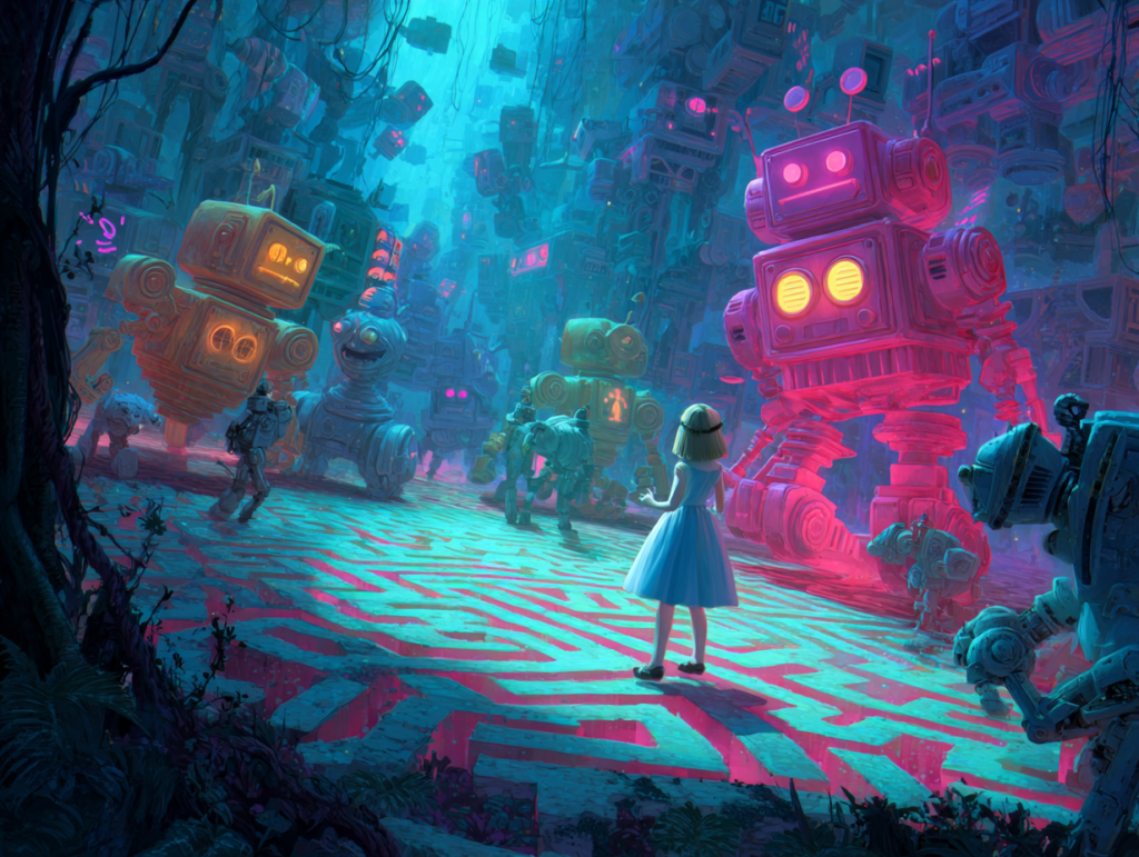 A child standing in a surreal AI landscape surrounded by intelligent machines, symbolizing the Alice in AI Land metaphor for growing up with artificial intelligence