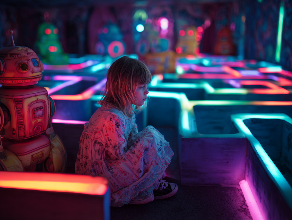 A child sitting inside a glowing digital labyrinth surrounded by artificial intelligence machines, representing the Alice in AI Land perspective on growing up with AI